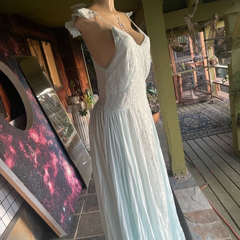 NWOT baby blue sleeveless ethereal maxi dress with lace detailing